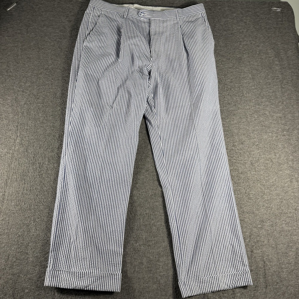 Men's Blue & White Striped Seersucker Pant Size 38 Pleated Cuffed Hem Afazzy